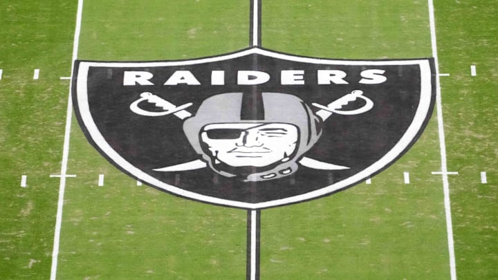 Jan 4, 2026; Paradise, Nevada, USA; The Las Vegas Raiders shield logo at midfield at Allegiant Stadium. Mandatory Credit: Kirby Lee-Imagn Images