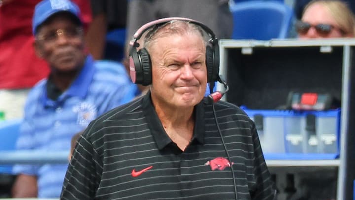 Arkansas Razorbacks coach Sam Pittman is frustrated after a Memphis Tigers touchdown during the second half at Simmons Bank Liberty Stadium Saturday. Arkansas Razorbacks coach Sam Pittman is frustrated after a Memphis Tigers touchdown during the second half at Simmons Bank Liberty Stadium Saturday.