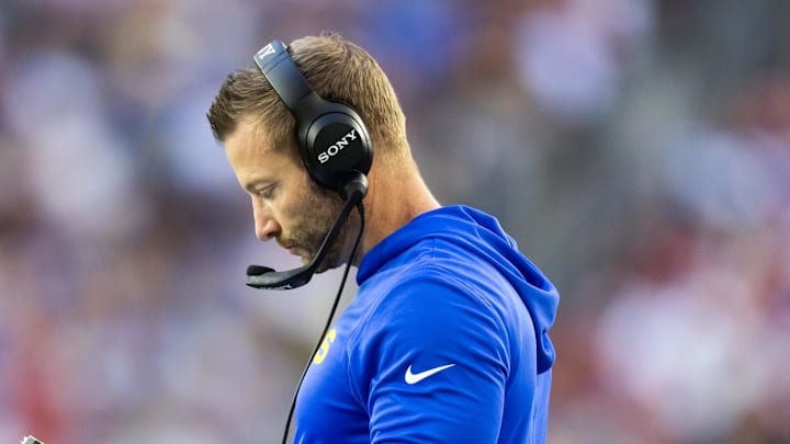 Dec 7, 2025; Glendale, Arizona, USA; Los Angeles Rams head coach Sean McVay against the Arizona Cardinals at State Farm Stadium. Mandatory Credit: Mark J. Rebilas-Imagn Images