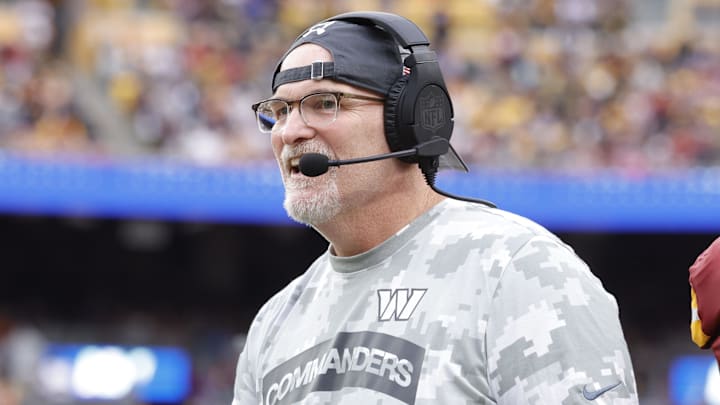 Nov 10, 2024; Landover, Maryland, USA; Washington Commanders head coach Dan Quinn reacts on the sidelines against the Pittsburgh Steelers during the second half at Northwest Stadium. Mandatory Credit: Amber Searls-Imagn Images Nov 10, 2024; Landover, Maryland, USA; Washington Commanders head coach Dan Quinn reacts on the sidelines against the Pittsburgh Steelers during the second half at Northwest Stadium. Mandatory Credit: Amber Searls-Imagn Images