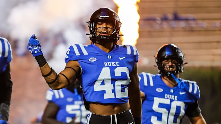 Oct 18, 2024; Durham, North Carolina, USA;  Duke Blue Devils linebacker Kendall Johnson (42) prior to the first half of the game against Florida State at Wallace Wade Stadium. Mandatory Credit: Jaylynn Nash-Imagn Images