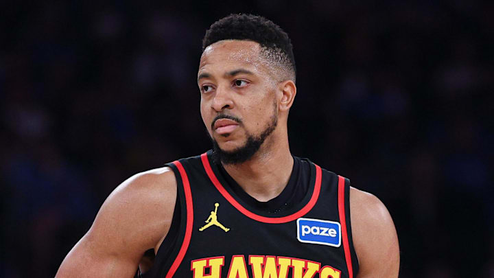 Atlanta Hawks guard CJ McCollum (3) looks bask court during the first half of the 2026 NBA Playoffs against the New York Knicks at Madison Square Garden on April 18, 2026.