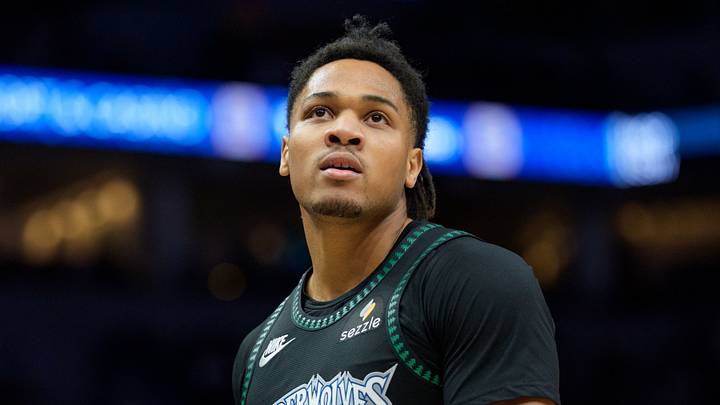 Nov 29, 2025; Minneapolis, Minnesota, USA; Minnesota Timberwolves guard Terrence Shannon Jr. (1) during a stoppage against the Boston Celtics in the fourth quarter at Target Center. Mandatory Credit: Matt Blewett-Imagn Images