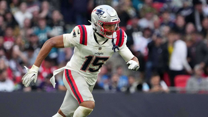 Oct 20, 2024; London, United Kingdom; New England Patriots safety Marte Mapu (15) against the Jacksonville Jaguars in the second half of an NFL International Series game at Wembley Stadium. Mandatory Credit: Kirby Lee-Imagn Images