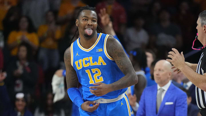 Jan 27, 2025; Los Angeles, California, USA; UCLA Bruins guard Sebastian Mack (12) celebrates after a three-point basket against the Southern California Trojans in the second half at the Galen Center. Mandatory Credit: Kirby Lee-Imagn Images Jan 27, 2025; Los Angeles, California, USA; UCLA Bruins guard Sebastian Mack (12) celebrates after a three-point basket against the Southern California Trojans in the second half at the Galen Center. Mandatory Credit: Kirby Lee-Imagn Images