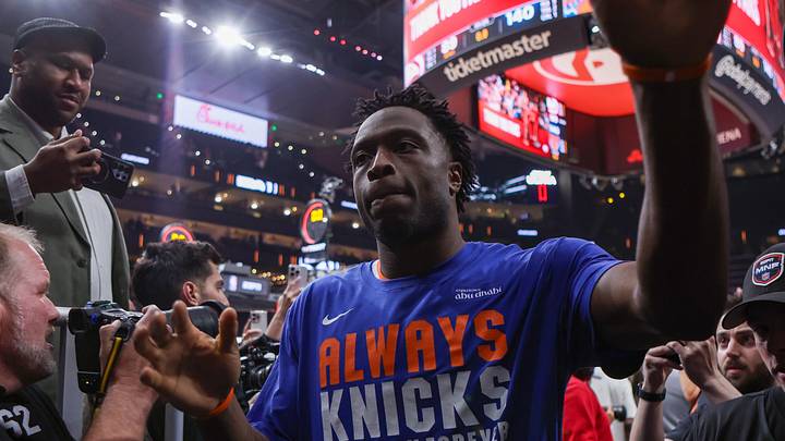 Apr 30, 2026; Atlanta, Georgia, USA; New York Knicks forward Og Anunoby (8) celebrates with fans after a victory over the Atlanta Hawks during game six of the first round of the 2026 NBA Playoffs at State Farm Arena. Mandatory Credit: Brett Davis-Imagn Images