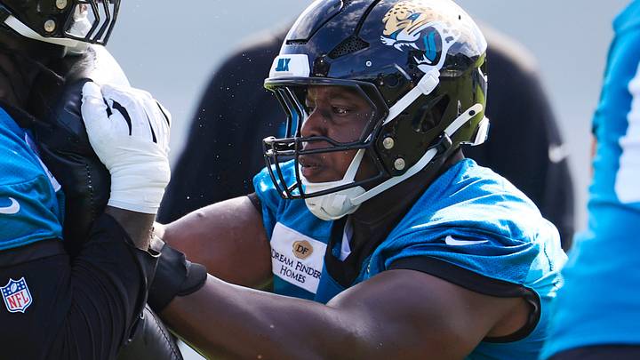Jacksonville Jaguars offensive lineman Emmanuel Pregnon (75), right, drills on offensive tackle Anton Harrison (77) during the third day of minicamp at the Miller Electric Center, Thursday, June 11, 2026, in Jacksonville, Fla.