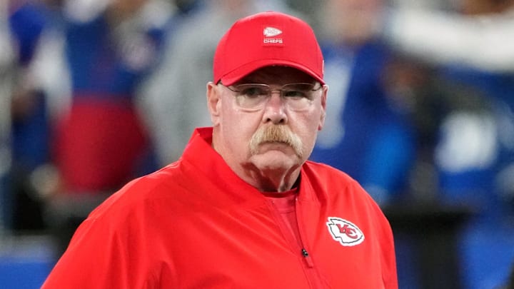 Sep 21, 2025; East Rutherford, New Jersey, USA; Kansas City Chiefs head coach Andy Reid looks on before the game against the New York Giants at MetLife Stadium. Mandatory Credit: Robert Deutsch-Imagn Images Sep 21, 2025; East Rutherford, New Jersey, USA; Kansas City Chiefs head coach Andy Reid looks on before the game against the New York Giants at MetLife Stadium. Mandatory Credit: Robert Deutsch-Imagn Images