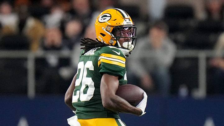 Green Bay Packers safety Darnell Savage (26) returns an interception for a touchdown during the second quarter of the wild card playoff game against the Dallas Cowboys Sunday, January 14, 2024 at AT&T Stadium in Arlington, Texas. Mark Hoffman/Milwaukee Journal Sentinel