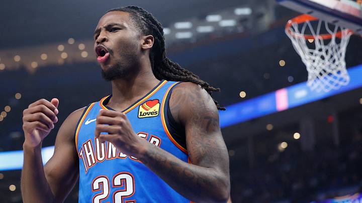 Jan 23, 2025; Oklahoma City, Oklahoma, USA; Oklahoma City Thunder guard Cason Wallace (22) reacts to an officials call after a play against the Dallas Mavericks during the first quarter at Paycom Center. Mandatory Credit: Alonzo Adams-Imagn Images