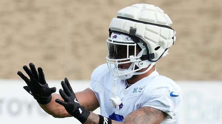 Bills inside linebacker Terrel Bernard pulls in a pass during position drills during day six of Buffalo Bills training camp at St. John Fisher University Thursday, August 5, 2026 in Pittsford.