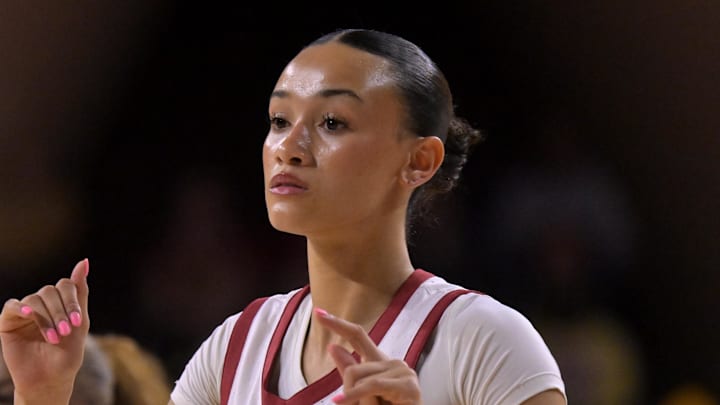 Jan 29, 2026; Los Angeles, California, USA;  USC Trojans guard Jazzy Davidson (9) warms up prior to the game against the Iowa Hawkeyes at Galen Center. Mandatory Credit: Jayne Kamin-Oncea-Imagn Images