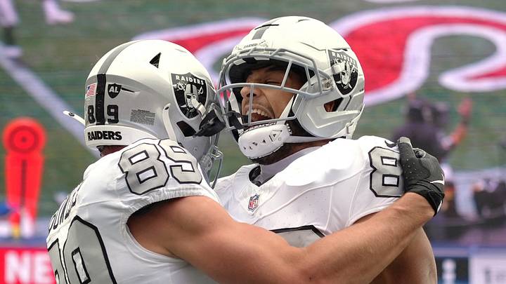 Oct 11, 2026; Foxborough, Massachusetts, USA; Las Vegas Raiders tight end Brock Bowers (89) celebrates with wide receiver Cody White (82) after catching a thirteen-yard touchdown pass against the New England Patriots during the first quarter at Gillette Stadium. Mandatory Credit: David Butler II-Imagn Images Oct 11, 2026; Foxborough, Massachusetts, USA; Las Vegas Raiders tight end Brock Bowers (89) celebrates with wide receiver Cody White (82) after catching a thirteen-yard touchdown pass against the New England Patriots during the first quarter at Gillette Stadium. Mandatory Credit: David Butler II-Imagn Images
