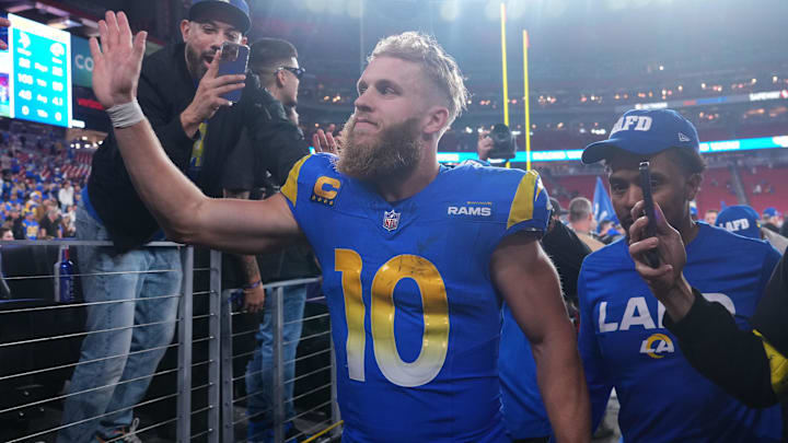 Jan 13, 2025; Glendale, AZ, USA; Los Angeles Rams wide receiver Cooper Kupp (10) reacts after the NFC wild card game against the Minnesota Vikings at State Farm Stadium. Mandatory Credit: Joe Camporeale-Imagn Images