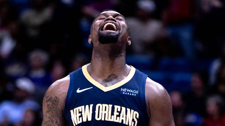 Jan 17, 2025; New Orleans, Louisiana, USA; New Orleans Pelicans forward Zion Williamson (1) reacts to dunking the ball through the arm of Utah Jazz forward Drew Eubanks (15) during the second half at Smoothie King Center. Mandatory Credit: Stephen Lew-Imagn Images