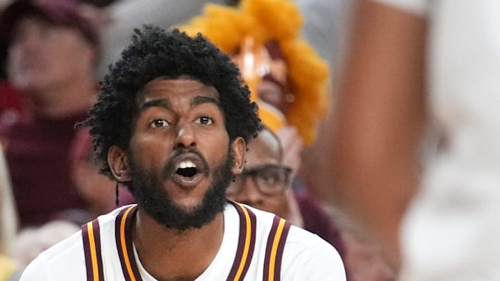 ASU Sun Devils guard Moe Odum (5) yells out to his team from the bench as they play the Oregon State Beavers at Desert Financial Arena in Tempe on Dec. 21, 2025.