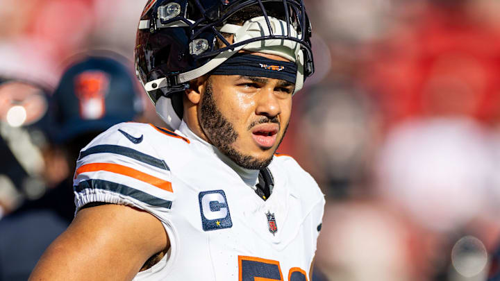 Dec 8, 2024; Santa Clara, California, USA; Chicago Bears linebacker T.J. Edwards (53) warms up before the game against the San Francisco 49ers at Levi's Stadium.