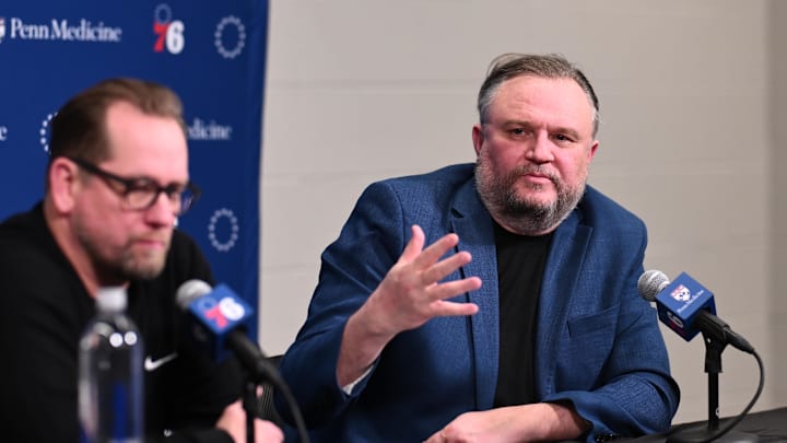 Apr 13, 2025; Philadelphia, Pennsylvania, USA; Philadelphia 76ers president of basketball operations Daryl Morey addresses the media with head coach Nick Nurse after the game against the Chicago Bulls at Wells Fargo Center. Mandatory Credit: Kyle Ross-Imagn Images
