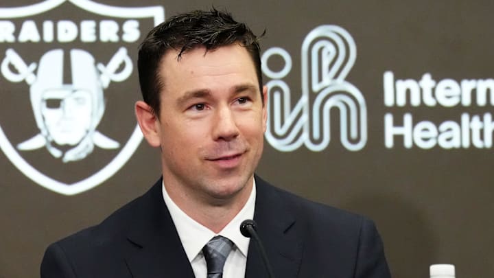 Feb 10, 2026; Henderson, NV, USA; Las Vegas Raiders coach Klint Kubiak speaks at introductory press conference at Intermountain Health Performance Center. Mandatory Credit: Kirby Lee-Imagn Images
