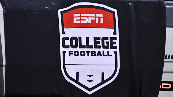 Dec 27, 2025; Houston, TX, USA; A detail view of ESPN College Football logo on a TV camera prior to the game between the Houston Cougars and the Louisiana State Tigers at NRG Stadium. Mandatory Credit: Maria Lysaker-Imagn Images