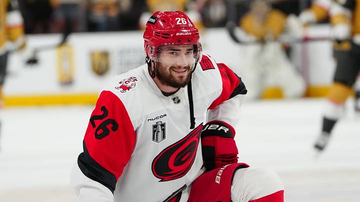 Jun 14, 2026; Las Vegas, Nevada, USA; Carolina Hurricanes defenseman Sean Walker (26) warms up before a game against the Vegas Golden Knights in game six of the 2026 Stanley Cup Final at T-Mobile Arena. Mandatory Credit: Stephen R. Sylvanie-Imagn Images
