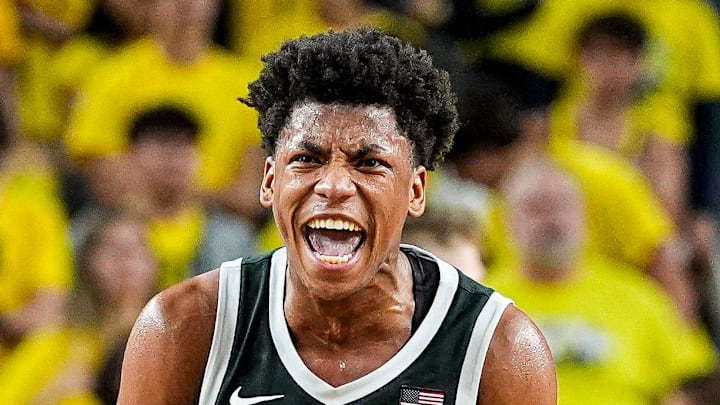 Michigan State guard Jeremy Fears Jr. (1) celebrates a play against Michigan during the second half at Crisler Center in Ann Arbor on Sunday, March 8, 2026.