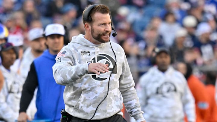 Nov 17, 2024; Foxborough, Massachusetts, USA;  Los Angeles Rams head coach Sean McVay reacts to game action during the first half against the New England Patriots at Gillette Stadium. Mandatory Credit: Eric Canha-Imagn Images