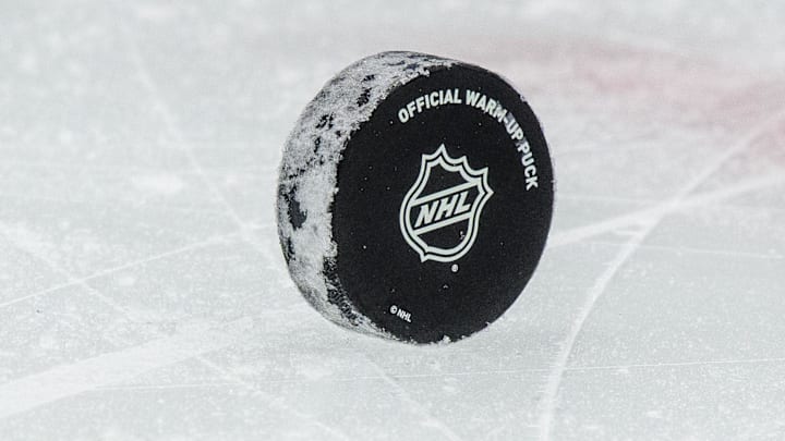 Jan 26, 2021; Dallas, Texas, USA; A view of a puck and the NHL logo and the face-off circle before the game between the Dallas Stars and the Detroit Red Wings at the American Airlines Center. Mandatory Credit: Jerome Miron-Imagn Images
