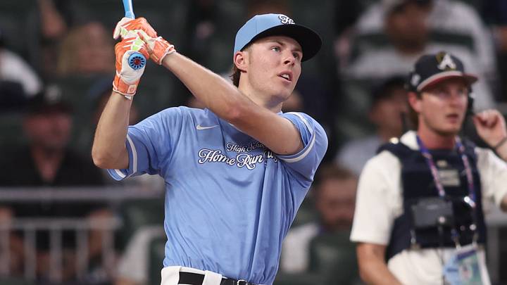 Jul 14, 2025; Atlanta, GA, USA; Argyle High School player Grady Emerson during the 2025 Home Run Derby at Truist Park. Mandatory Credit: Brett Davis-Imagn Images