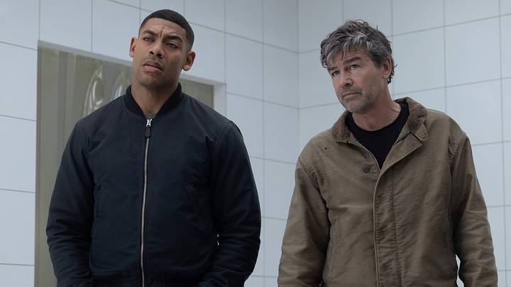 Aaron Pierre as John Stewart and Kyle Chandler as Hal Jordan in DC Studios' LANTERNS
