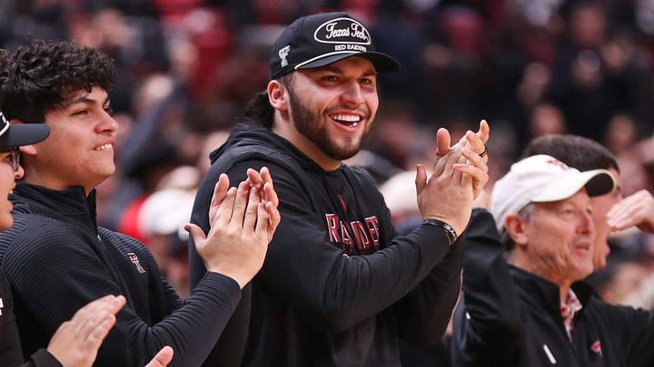 Texas Tech football team quarterback Brendan Sorsby reacts to a play during a Big 12 Conference men's basketball game, Saturday, Jan. 24, 2026, in United Supermarkets Arena. Texas Tech football team quarterback Brendan Sorsby reacts to a play during a Big 12 Conference men's basketball game, Saturday, Jan. 24, 2026, in United Supermarkets Arena.