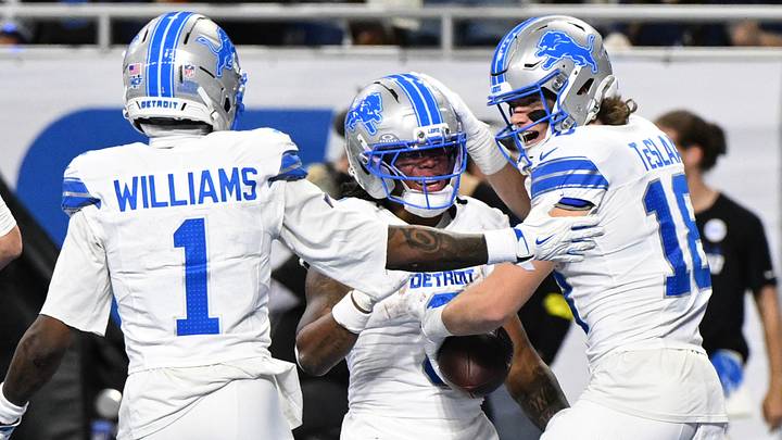 Detroit Lions wide receiver Isaac Teslaa (18) celebrates with WR Jameson Williams (1) and RB Jahmyr Gibbs Detroit Lions wide receiver Isaac Teslaa (18) celebrates with WR Jameson Williams (1) and RB Jahmyr Gibbs
