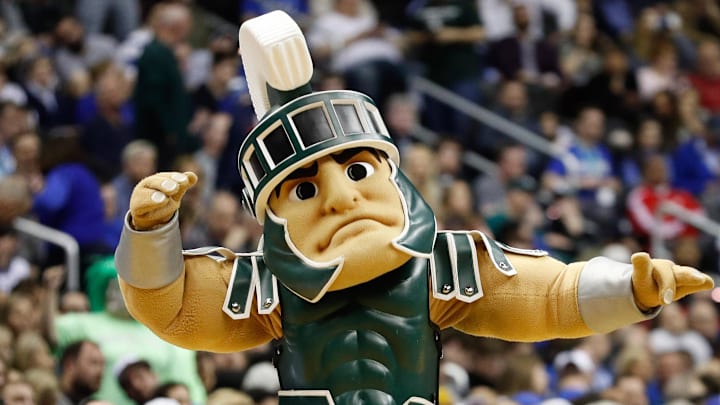 Mar 31, 2019; Washington, DC, USA; Michigan State Spartans mascot Sparty dances on the court during a timeout against the Duke Blue Devils in the championship game of the east regional of the 2019 NCAA Tournament at Capital One Arena. Mandatory Credit: Geoff Burke-Imagn Images