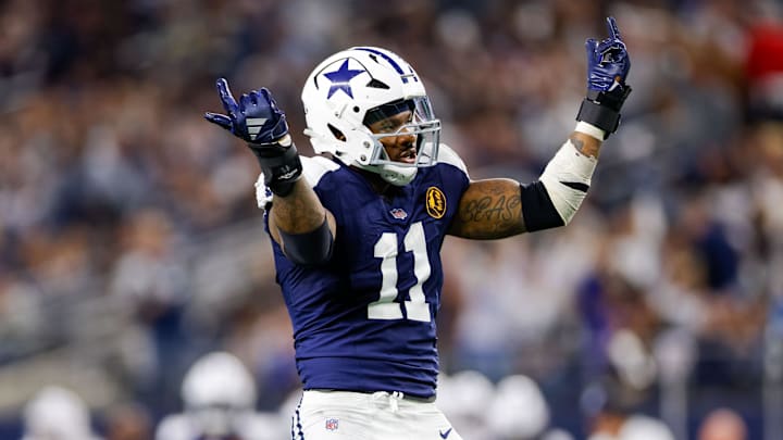 Dallas Cowboys linebacker Micah Parsons celebrates after a sack.