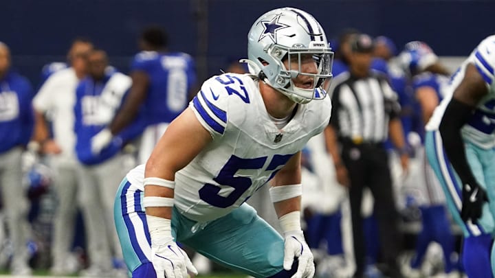 Sep 14, 2025; Arlington, Texas, USA; Dallas Cowboys linebacker Jack Sanborn (57) in action against the New York Giants at AT&T Stadium. Mandatory Credit: Raymond Carlin III-Imagn Images