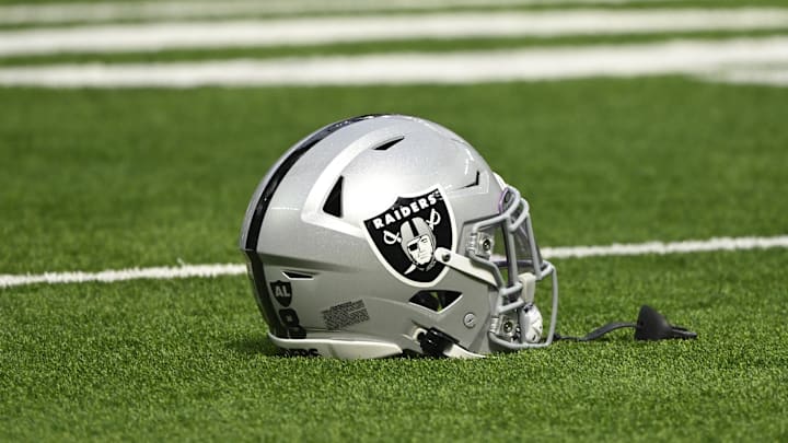 Oct 20, 2024; Inglewood, California, USA; Las Vegas Raiders helmet on the turn at SoFi Stadium during pregame warmups before an NFL game against the Los Angeles Rams. Mandatory Credit: Robert Hanashiro-Imagn Images Oct 20, 2024; Inglewood, California, USA; Las Vegas Raiders helmet on the turn at SoFi Stadium during pregame warmups before an NFL game against the Los Angeles Rams. Mandatory Credit: Robert Hanashiro-Imagn Images