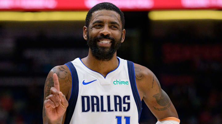 Jan 29, 2025; New Orleans, Louisiana, USA; Dallas Mavericks guard Kyrie Irving (11) reacts to fan during the second half against the New Orleans Pelicans at Smoothie King Center. Mandatory Credit: Matthew Hinton-Imagn Images Jan 29, 2025; New Orleans, Louisiana, USA; Dallas Mavericks guard Kyrie Irving (11) reacts to fan during the second half against the New Orleans Pelicans at Smoothie King Center. Mandatory Credit: Matthew Hinton-Imagn Images