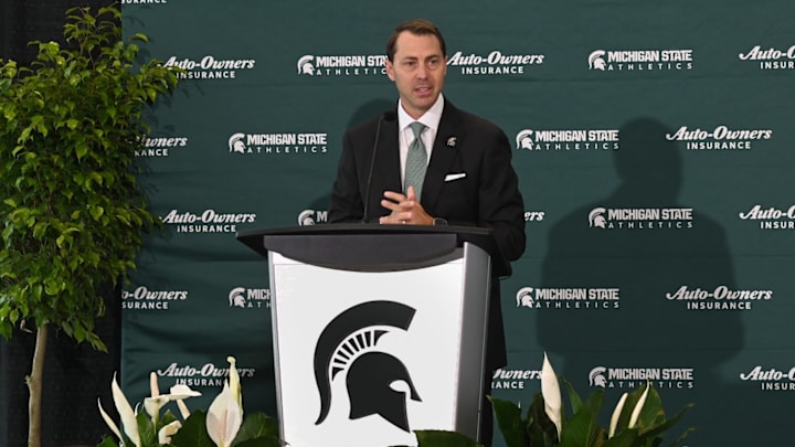 J Batt speaks Wednesday, June 4, 2025, after being introduced as Michigan State University's new athletic director. J Batt speaks Wednesday, June 4, 2025, after being introduced as Michigan State University's new athletic director.