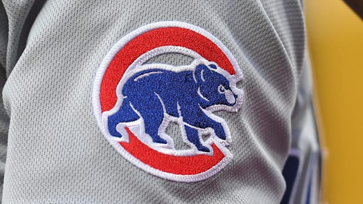 Jun 10, 2025; Philadelphia, Pennsylvania, USA; Chicago Cubs logo on the jersey of third base Matt Shaw (6) against the Philadelphia Phillies at Citizens Bank Park.
