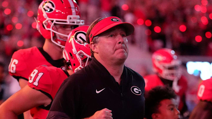 Georgia Bulldogs coach Kirby Smart takes the field before the start of a NCAA college football game against Alabama in Athens, Ga., on Saturday, September 27, 2025. Georgia Bulldogs coach Kirby Smart takes the field before the start of a NCAA college football game against Alabama in Athens, Ga., on Saturday, September 27, 2025.