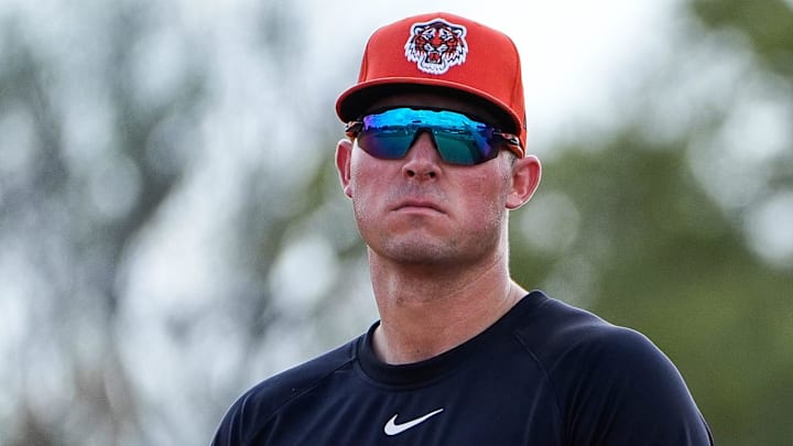 Detroit Tigers infielder Spencer Torkelson talks to Triple-A hitting coach Mike Hessman during spring training at TigerTown in Lakeland, Fla. on Sunday, Feb. 16, 2025