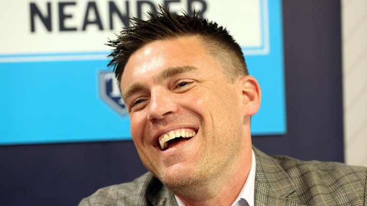 Feb 15, 2024; Tampa, FL, USA; Tampa Bay Rays president of baseball operations Erik Neander talks with media at George M. Steinbrenner Field. Feb 15, 2024; Tampa, FL, USA; Tampa Bay Rays president of baseball operations Erik Neander talks with media at George M. Steinbrenner Field.