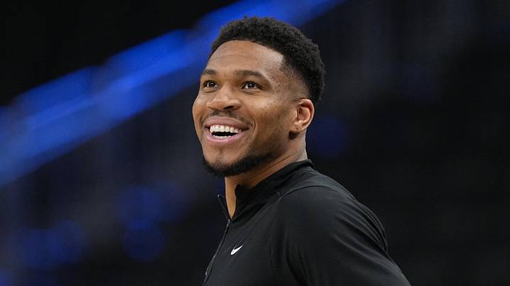 Apr 10, 2026; Milwaukee, Wisconsin, USA;  Milwaukee Bucks forward Giannis Antetokounmpo enjoys a moment during warmups prior to the game against the Brooklyn Nets at Fiserv Forum. Mandatory Credit: Jeff Hanisch-Imagn Images