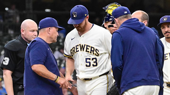 Apr 30, 2026; Milwaukee, Wisconsin, USA;  Milwaukee Brewers starting pitcher Brandon Woodruff (53) walks off the mound with an injury in the second inning against the Arizona Diamondbacks at American Family Field. Mandatory Credit: Benny Sieu-Imagn Images