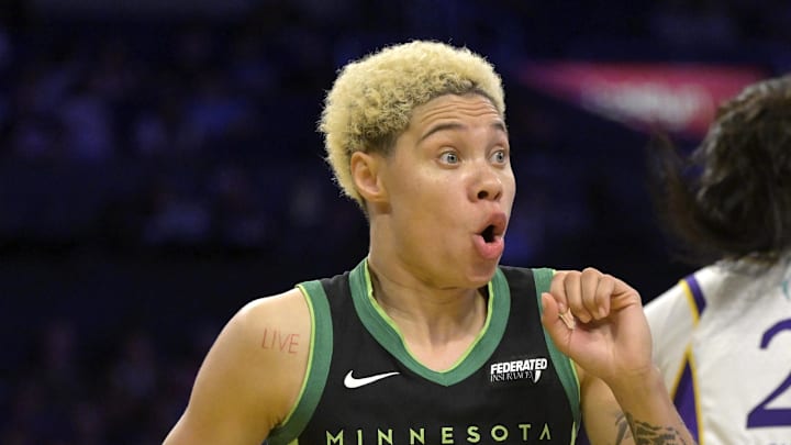 Jul 10, 2025; Los Angeles, California, USA;  Minnesota Lynx guard Natisha Hiedeman (2) reacts after she was called for a foul on Los Angeles Sparks forward Rickea Jackson (2) in the second half at Crypto.com Arena. Mandatory Credit: Jayne Kamin-Oncea-Imagn Images