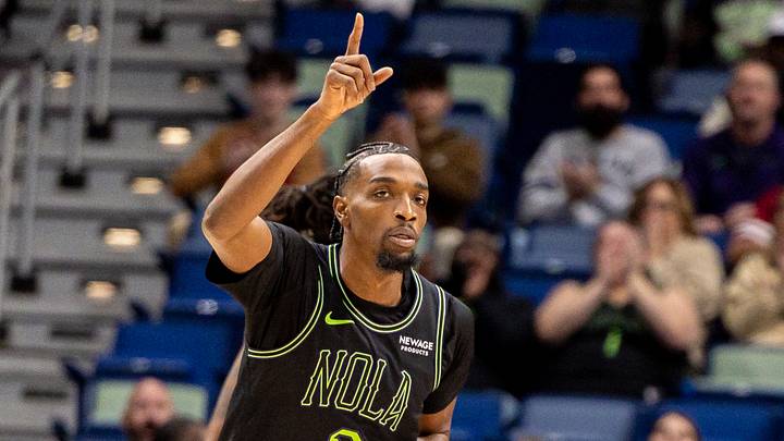 Dec 11, 2025; New Orleans, Louisiana, USA;  New Orleans Pelicans forward Herbert Jones (2) reacts to making a basket against the Portland Trail Blazers during the first half at Smoothie King Center. Mandatory Credit: Stephen Lew-Imagn Images