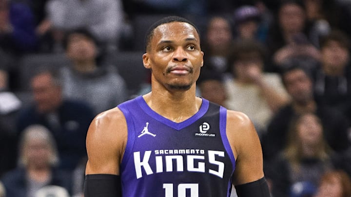 Nov 26, 2025; Sacramento, California, USA; Sacramento Kings guard Russell Westbrook (18) reacts to a call during the second quarter of the game against the Phoenix Suns at Golden 1 Center.