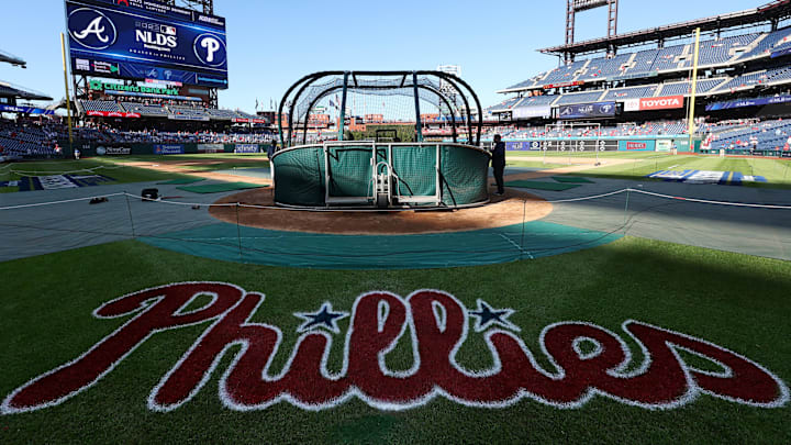  A view of the Phillies logo painted on the field