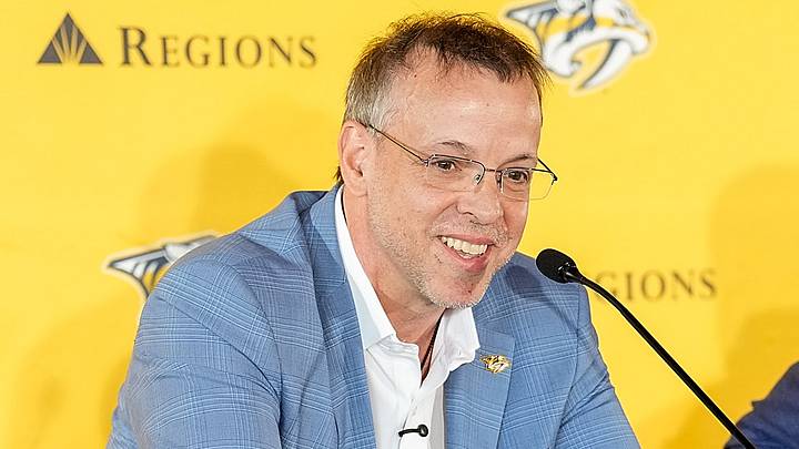 NASHVILLE, TENNESSEE - JUNE 3: Nashville Predators new general manager Chris MacFarland talks to the media during a press conference at Bridgestone Arena on June 3, 2026 in Nashville, Tennessee. (Photo by John Russell/NHLI via Getty Images)
