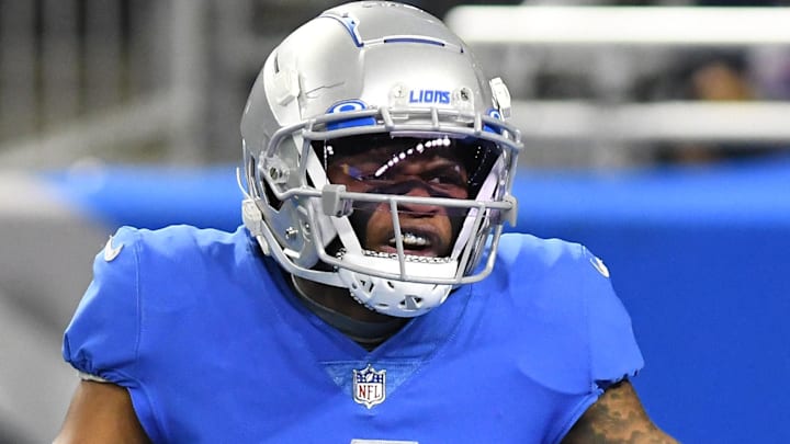 Former Detroit Lions wide receiver DJ Chark (4) looks to the officials for a pass interference call in the end zone against the Chicago Bears in the first quarter at Ford Field. Mandatory Credit: Lon Horwedel-Imagn Images